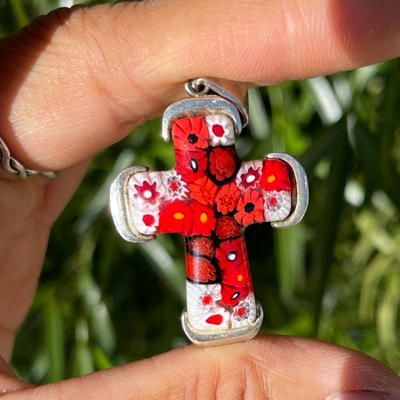 Jewelry - Handmade in Murano, Italy Millefiori glass cross 925 sterling silver pendant